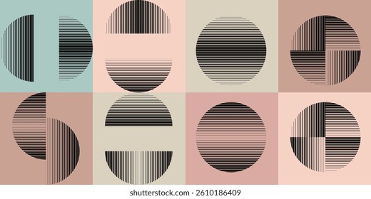 Modern artistic layout set with semicircle design elements . Many lines form half circles in art style . Wall art , home poster design . Vector abstract shape. Modern art . Contemporary composition . 