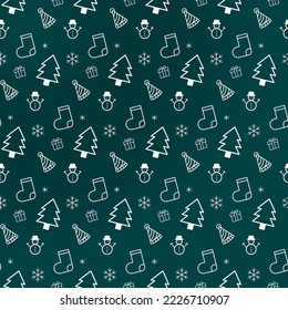 Modern artistic merry christmas elements doodle seamless pattern design for holiday and invitation cards, gift paper, textile design. christmas tree, gift box, snowflakes, and snowman backgrounds.