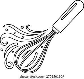 A modern and artistic outline vector of a kitchen whisk featuring dynamic flowing lines and decorative swirl elements.