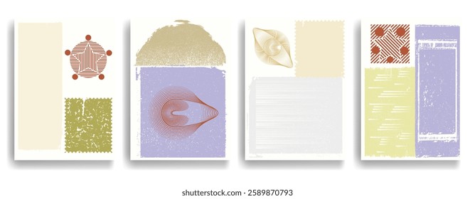 Modern artistic posters set with various design elements . Grunge textured shapes in art style  . Wall art , home poster design . Vector abstract shape. Modern art . Contemporary poster set .