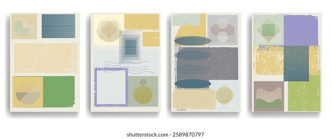 Modern artistic posters set with various design elements . Grunge textured shapes in art style  . Wall art , home poster design . Vector abstract shape. Modern art . Contemporary poster set .
