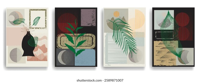 Modern artistic posters set with various design elements . Grunge textured shapes in art style  . Wall art , home poster design . Vector abstract shape. Modern art . Contemporary poster set .