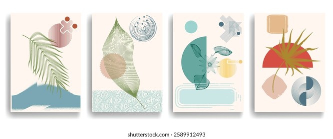 Modern artistic posters set with various design elements . Grunge textured shapes in art style . Wall art , home poster design . Vector abstract shape. Modern art . Contemporary poster set .