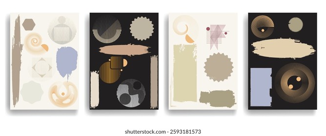 Modern artistic posters set with various design elements . Grunge textured shapes in art style . Wall art , home poster design . Vector abstract shape. Modern art . Contemporary poster set .
