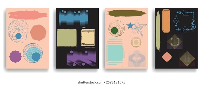 Modern artistic posters set with various design elements . Grunge textured shapes in art style . Wall art , home poster design . Vector abstract shape. Modern art . Contemporary poster set .
