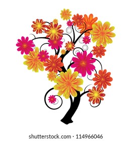 Modern artistic tree with floral elements and swirls