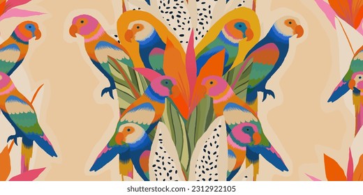 Modern artistic tropical pattern with parrots. Colorful botanical abstract contemporary seamless pattern. Hand drawn unique print.