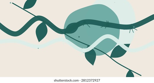 A modern and artistic vector illustration featuring elegant plant branches and leaves in shades of green, set against abstract geometric shapes.