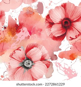 Modern artistic watercolor floral seamless pattern. Hand drawn watercolor red pink flowers, doodle lines, brush strokes. Abstract colorful beautiful watercolor background. Textured vector ornaments.