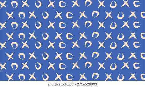 Patrón artístico moderno de X y O: un fondo de Vector sin costuras con toques de estilo de pincelada y cruces sobre una superficie de mezclilla azul para proyectos de textiles y Diseño gráfico de moda