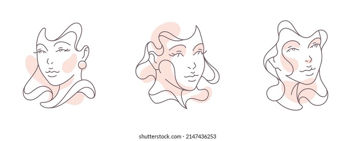 Modern artwork abstract female avatar pastel spot continuous line icon set vector illustration. Beautiful lady with waving hair hand drawing minimalist logo for makeup skincare beauty spa isolated