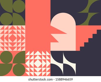 Modern artwork of abstract unusual composition made with geometrical shapes and elements. Simple geometry vector background 