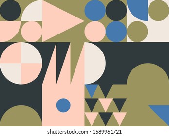 Modern artwork of abstract unusual composition made with geometrical shapes and elements. Simple geometry vector background useful for web design, business cards, invitation, poster, fashion prints.