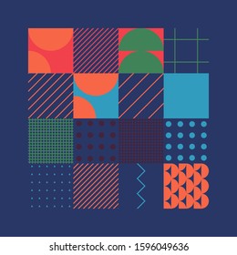 Modern artwork of abstract unusual composition made with geometrical shapes and elements. Simple geometry vector background useful for web design, business cards, invitation, poster, fashion prints.