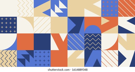 Modern artwork of abstract unusual composition made with geometrical shapes and elements. Simple geometry vector background useful for web design, business cards, invitation, poster, fashion prints.