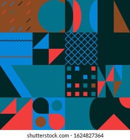 Modern artwork of abstract unusual composition made with geometrical shapes and elements. Simple geometry vector background useful for web design, business cards, invitation, poster, fashion prints.
