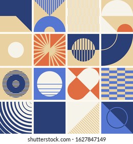 Modern artwork of abstract unusual composition made with geometrical shapes and elements. Simple geometry vector background useful for web design, business cards, invitation, poster, fashion prints.