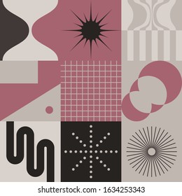 Modern artwork of abstract unusual composition made with geometrical shapes and elements. Simple geometry vector background useful for web design, business cards, invitation, poster, fashion prints.