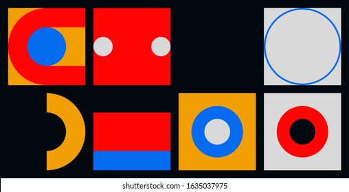 Modern artwork of abstract unusual composition made with geometrical shapes and elements. Simple geometry vector background useful for web design, business cards, invitation, poster, fashion prints.