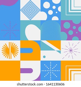 Modern artwork of abstract unusual composition made with geometrical shapes and elements. Simple geometry vector background useful for web design, business cards, invitation, poster, fashion prints.