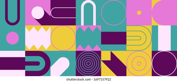 Modern artwork of abstract unusual composition made with geometrical shapes and elements. Simple geometry vector background useful for web design, business cards, invitation, poster, fashion prints.