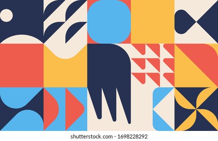 Modern artwork of abstract unusual composition made with geometrical shapes and elements. Simple geometry vector background useful for web design, business cards, invitation, poster, fashion prints.