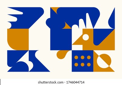 Modern artwork of abstract unusual composition made with geometrical shapes and elements. Simple geometry vector background useful for web design, business cards, invitation, poster, fashion prints.