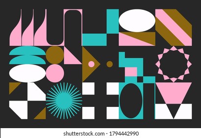 Modern artwork of abstract unusual composition made with geometrical shapes and elements. Simple geometry vector background useful for web design, business cards, invitation, poster, fashion prints.