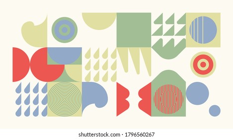 Modern artwork of abstract unusual composition made with geometrical shapes and elements. Simple geometry vector background useful for web design, business cards, invitation, poster, fashion prints.