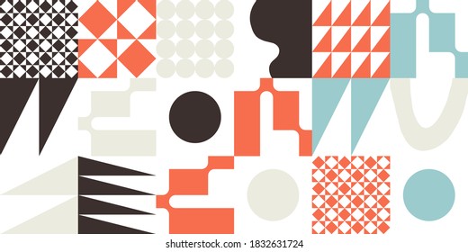 Modern artwork of abstract unusual composition made with geometrical shapes and elements. Simple geometry vector background useful for web design, business cards, invitation, poster, fashion prints.