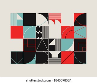 Modern artwork of abstract unusual composition made with geometrical shapes and elements. Simple geometry vector background useful for web design, business cards, invitation, poster, fashion prints.