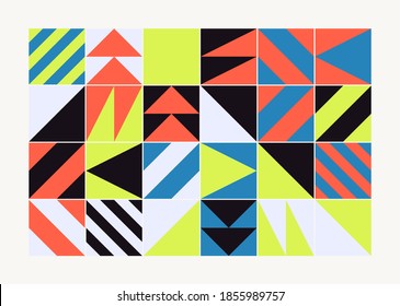 Modern artwork of abstract unusual composition made with geometrical shapes and elements. Simple geometry vector background useful for web design, business cards, invitation, poster, fashion prints.