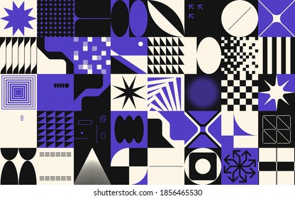 Modern artwork of abstract unusual composition made with geometrical shapes and elements. Simple geometry vector background useful for web design, business cards, invitation, poster, fashion prints.