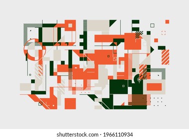 Modern artwork of abstract unusual composition made with geometrical shapes and elements. Simple geometry vector background useful for web design, business cards, invitation, poster, fashion prints.