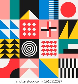 Modern artwork geometric mural background wrapping popular squares art blocks. Trendy Graphic design mixed shapes vector. Retro risograph techniques. Pattern seamless flower color NEO GEO vector.