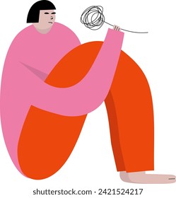 Modern artwork. Girl admires flower holding it in her hands. Cute character against white background. Cartoon style. Hand drawn Vector illustration. Concept of self care, mindfulness, human emotions.