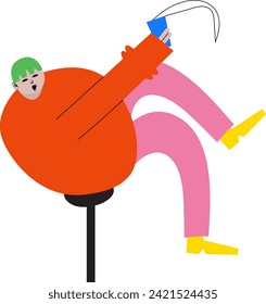 Modern artwork. Man falls down with cum of coffee from bar-stool. Cute character against white background. Cartoon style. Hand drawn Vector illustration. Concept of food and drink, work, lifestyle.