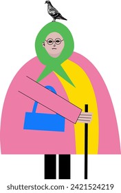 Modern artwork. Mature woman with pigeon on head. Cute character against white background. Cartoon style. Hand drawn Vector illustration. Concept of empowerment of older adults, active seniors.