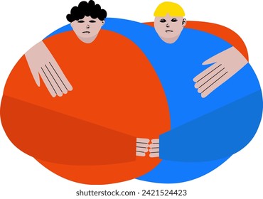 Modern artwork. Two men father and son hugs. Cute character against white background. Cartoon style. Hand drawn Vector illustration. Concept of family, human touch, support and sympathy. Ad