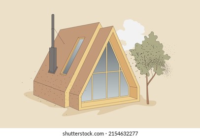 Modern a-shape house vector illustration. Eco house cabin design isolated on sandy tone backdrop. Architecture style image with cloud and trees. 