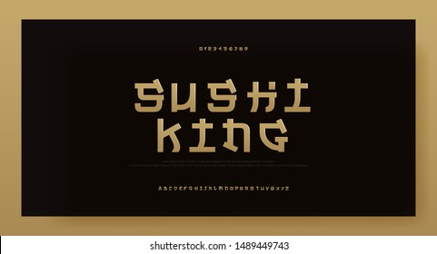 Modern asia gold alphabet font typeface. Typography japan fonts and number. English Japanese letters uppercase and numbers. Vector Illustration