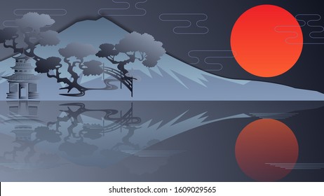 Modern asian background. Elements of Chinese, Japanese architecture and nature. 3D vector illustration.