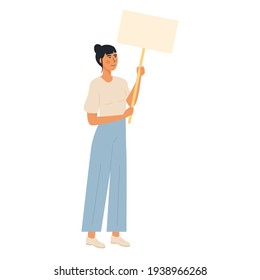 Modern asian girl holding empty placard isolated on white background. Trendy young woman carrying blank sheet with a place for text. Protest against violence. Feminism. Vector in flat cartoon style.
