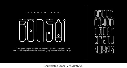Uma fonte de exibição moderna de inspiração asiática com traços geométricos nítidos e formas orientais minimalistas para logotipos e marcas.