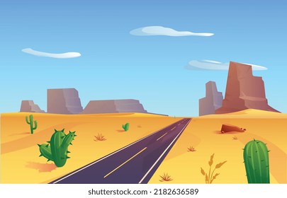 Modern asphalt highway in the desert between rocks, flat vector illustration. Landscape background template for travelling across the desert by car theme.