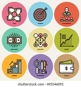 Modern Assorted Business Round Icon Set. Trendy Simple Line Design Art Vector Illustrations.