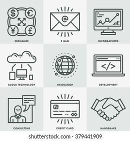 Modern Assorted Global Business Mono Linear Icon Set. Trendy Simple Line Design Art Vector Illustrations.