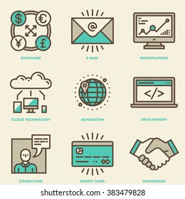 Modern Assorted Global Business Mono Linear Icon Set. Trendy Simple Line Design Art Vector Illustrations.