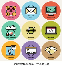 Conjunto de iconos de redondeo de negocios globales modernos. Ilustraciones modernas de diseño de líneas simples de vectores de arte.