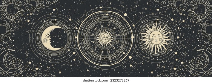 Modern astrological banner, tarot card, vintage horoscopic zodiac wheel with 12 signs and constellations, sun and moon with face, clouds and stars on black background. Hand drawn vector illustration.